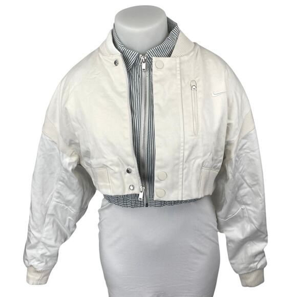 NEW Nike Destroyer White Gray Striped Oversized Canvas Cropped Jacket Size L - Picture 2 of 6